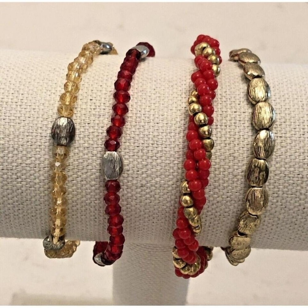 4pc Beaded Bracelet Set Red Gold Rhinestone Stackable Boho Stretch Jewelry